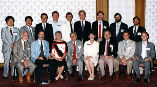 Louis V. Avioli and trainees, after accepting the ASBMR William F. Neuman Award, Marriott Hotel, New Orelans, LA, 1988. From left to right: (standing) M. Tsustumi, M. Fukase, R. Pacifici, J. Cunningham, M. Whyte, D. Baran, D. Bruns, R. Civitelli, K. Pinimanini; (sitting) M. Kleerekoper, S. Birge, S. Hohl, L. Avioli, E. Bruns, J. Haddad, T. Hahn, B. Lang.